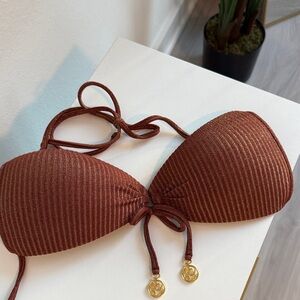 Luli Fama Copper Ribbed Bikini Top with Gold Details